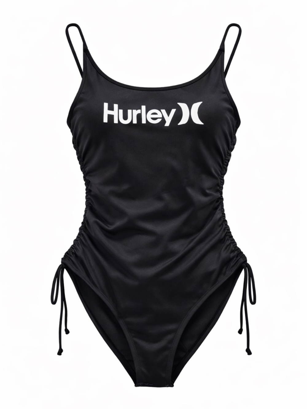 Hurley Black Logo Side-Ruched One-Piece Swimsuit